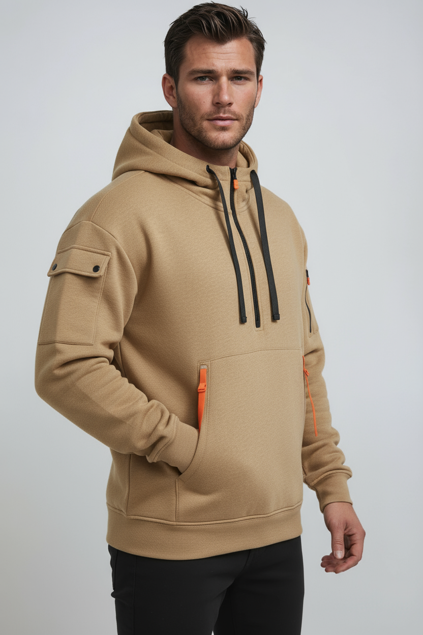 Heren Hoodie | Trui met Rits & Capuchon - Khaki