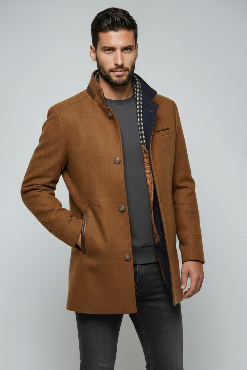 Mantel Heren | Halflang Model met Kraag - Bruin