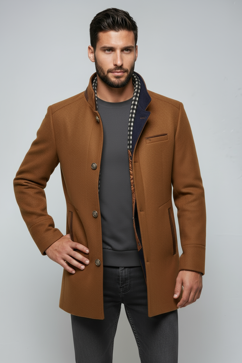 Mantel Heren | Halflang Model met Kraag - Bruin 2.0