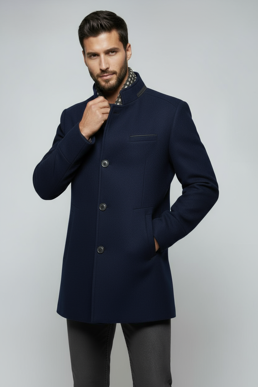Mantel Heren | Halflang Model met Kraag - Marineblauw