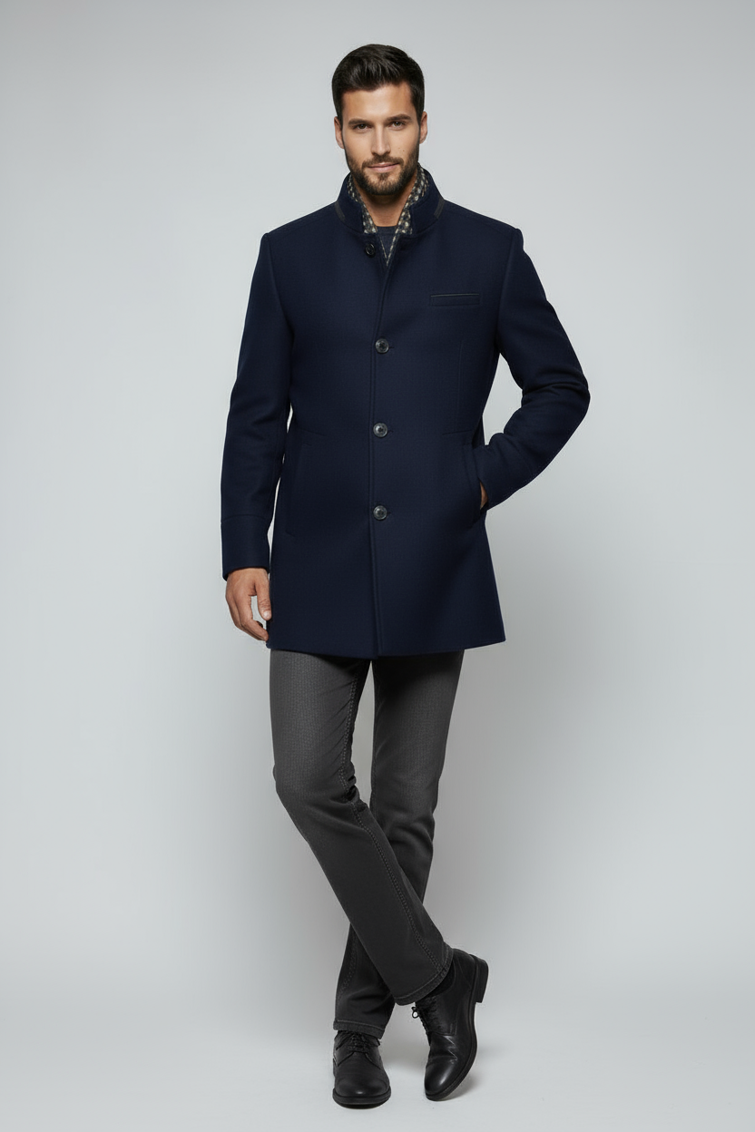Mantel Heren | Halflang Model met Kraag - Marineblauw 2.0
