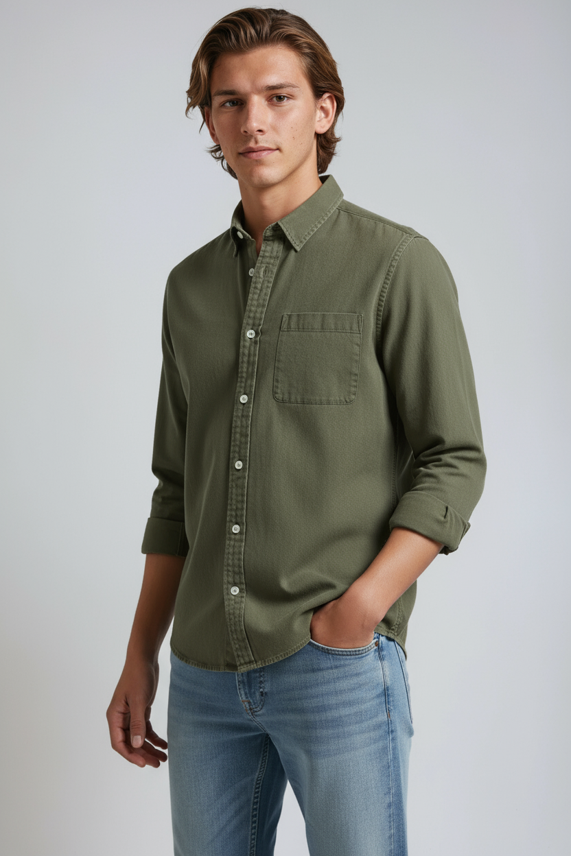 Overhemd Heren | Lange Mouw met Borstzak - Donkergroen