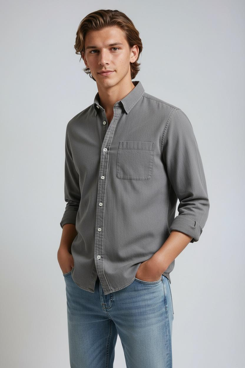 Overhemd Heren | Lange Mouw met Borstzak - Grijs