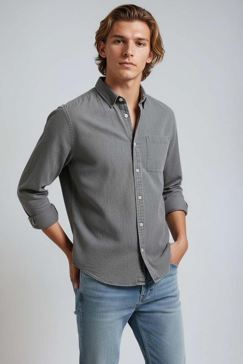 Overhemd Heren | Lange Mouw met Borstzak - Grijs 2.0
