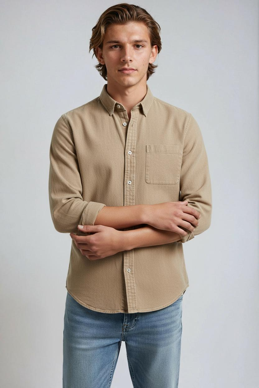 Overhemd Heren | Lange Mouw met Borstzak - Khaki