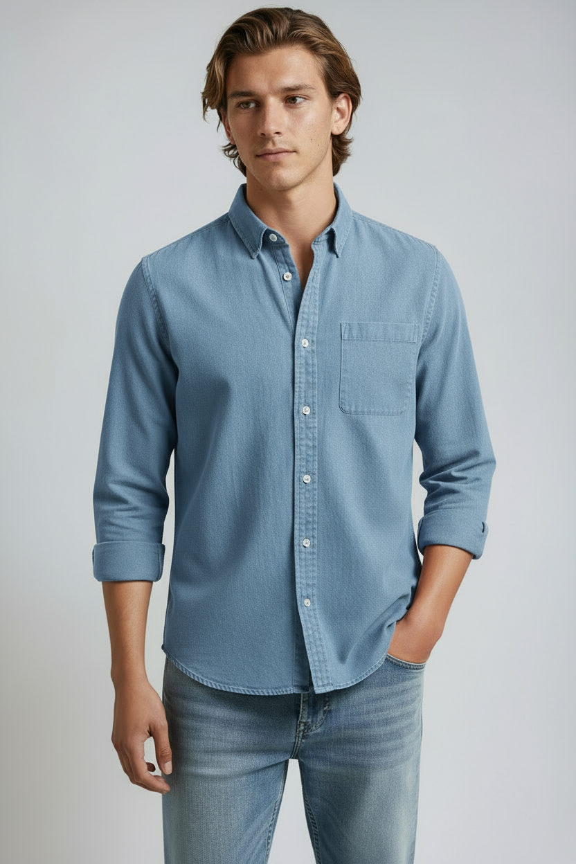Overhemd Heren | Lange Mouw met Borstzak - Lichtblauw