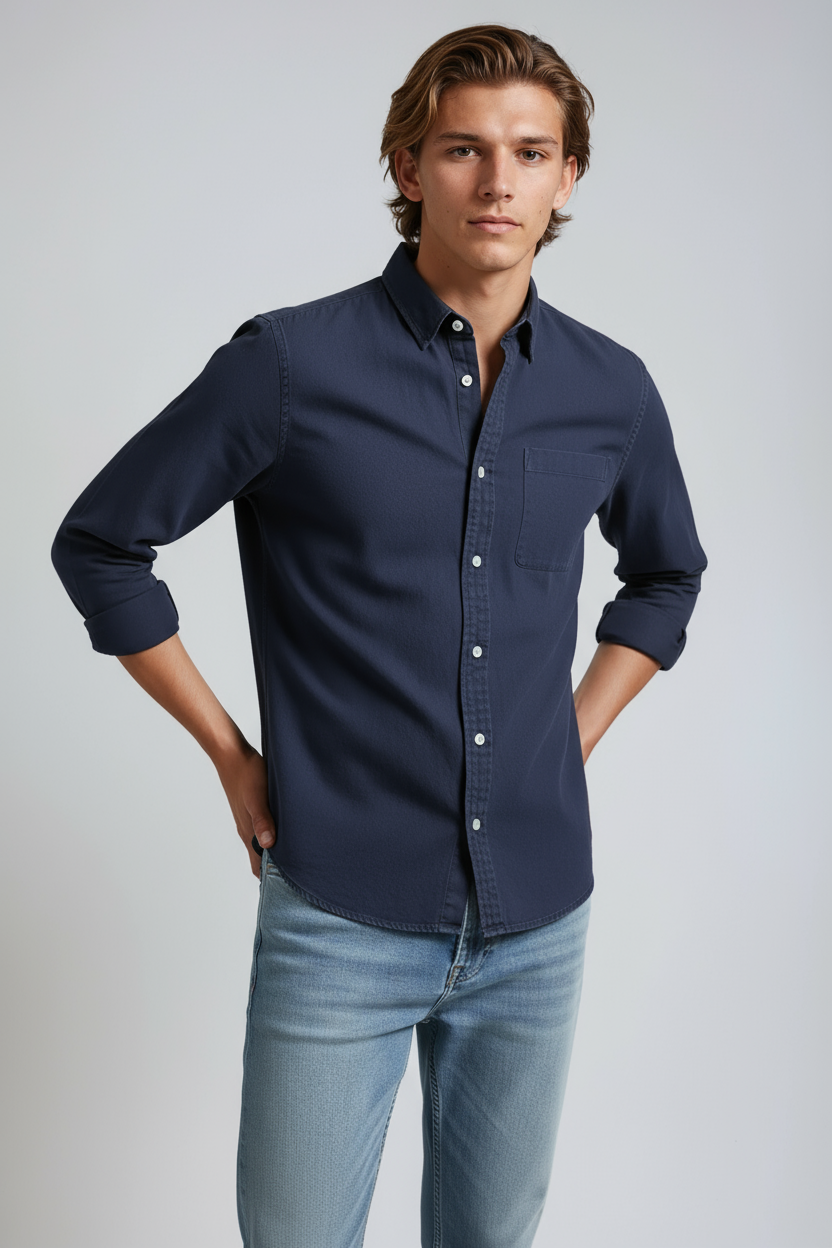 Overhemd Heren | Lange Mouw met Borstzak - Marineblauw 2.0