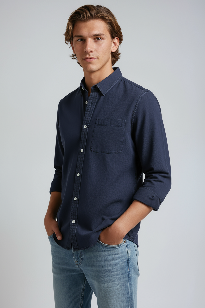 Overhemd Heren | Lange Mouw met Borstzak - Marineblauw 3.0