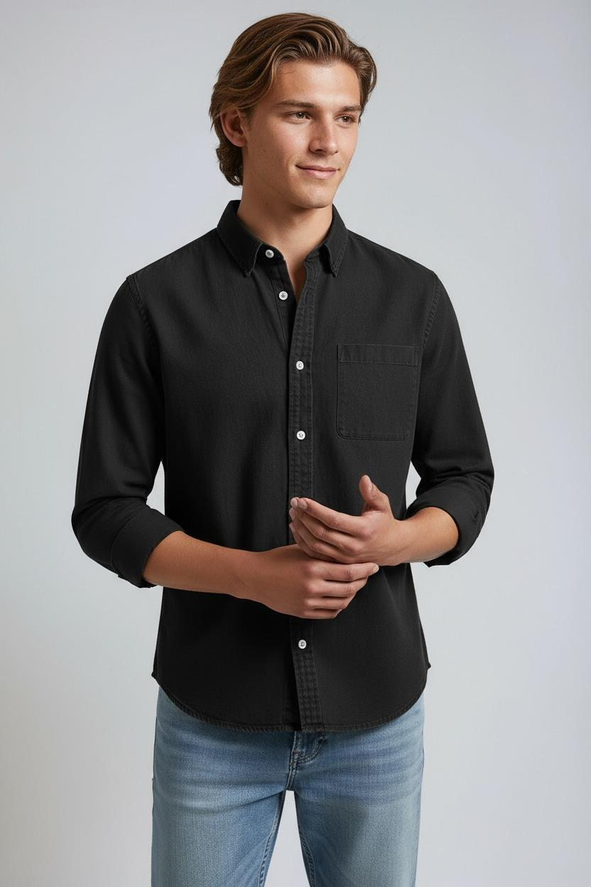 Overhemd Heren | Lange Mouw met Borstzak - Zwart