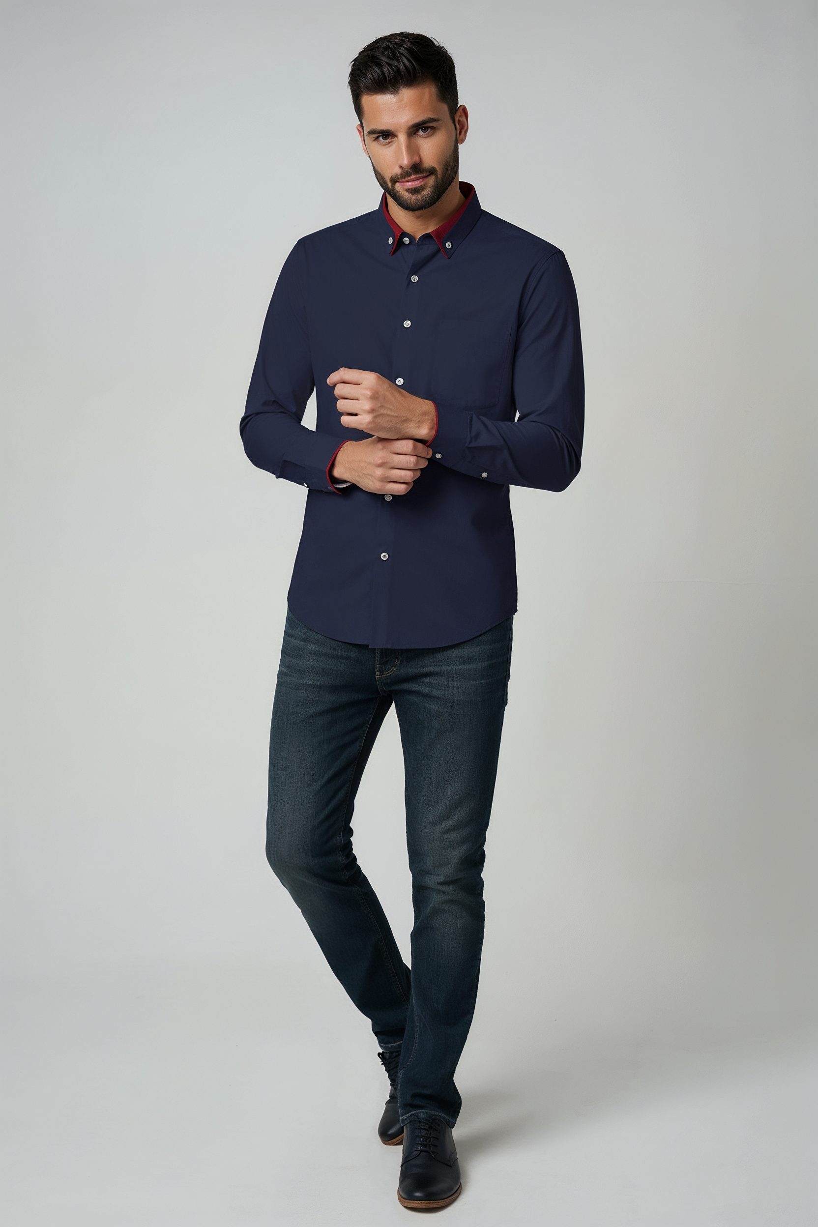 Overhemd Heren | Slim Fit Stretch met Kraag - Donkerblauw 2.0