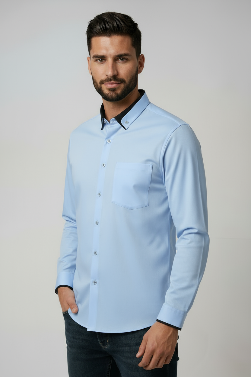 Overhemd Heren | Slim Fit Stretch met Kraag - Lichtblauw 2.0