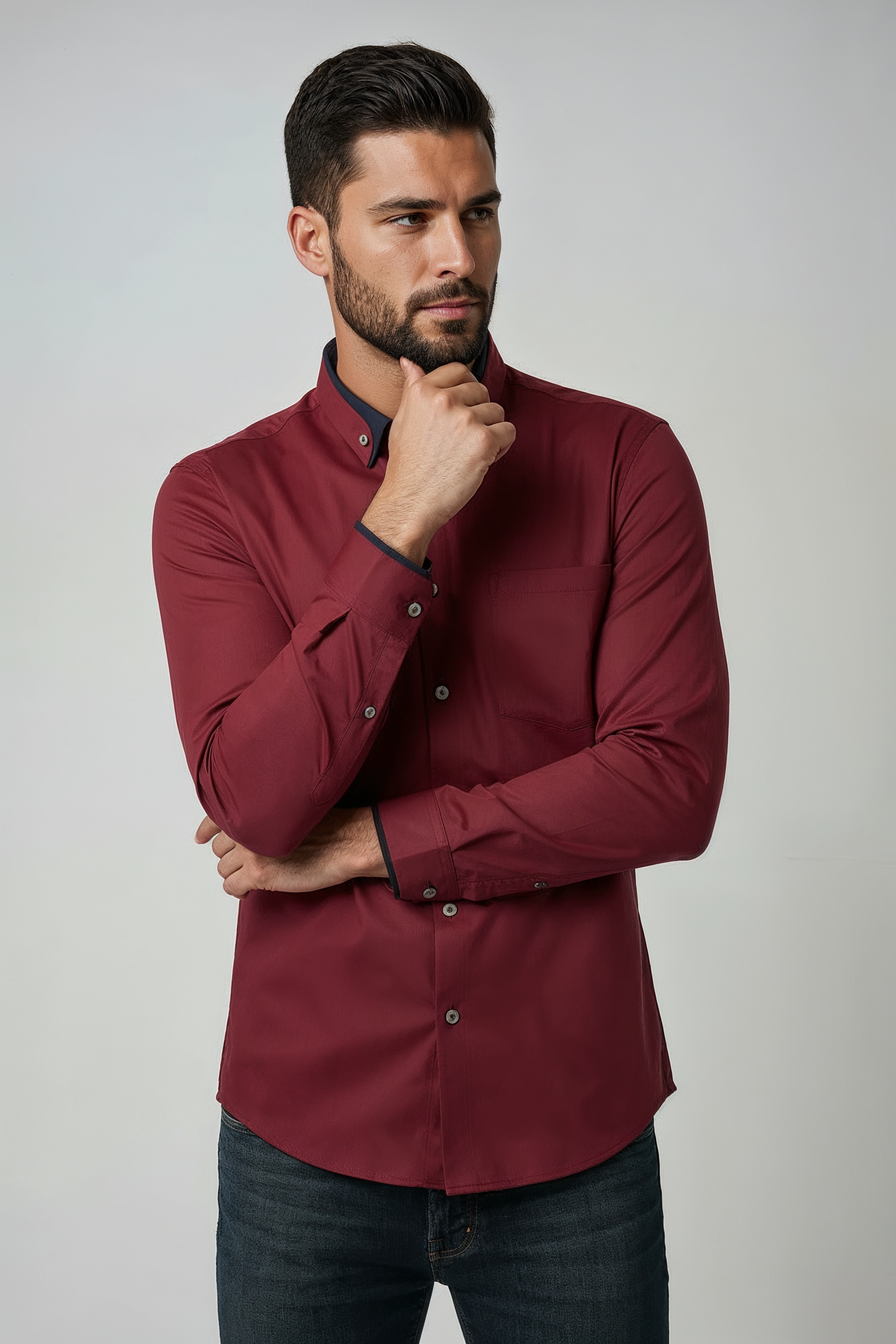 Overhemd Heren | Slim Fit Stretch met Kraag - Rood 2.0