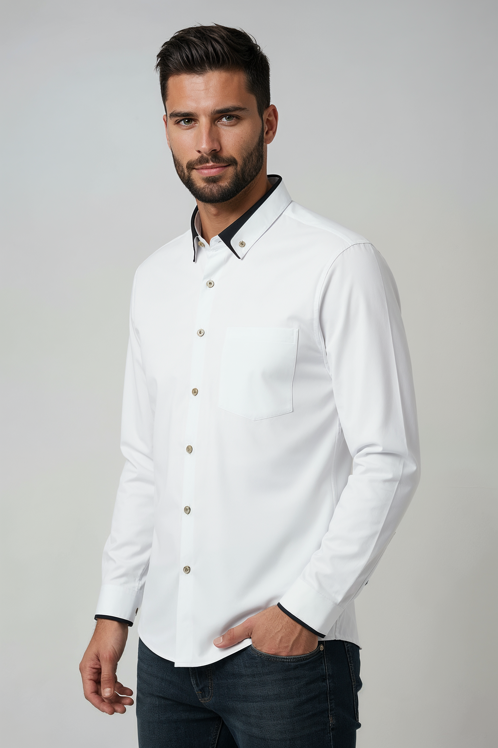 Overhemd Heren | Slim Fit Stretch met Kraag - Wit 2.0