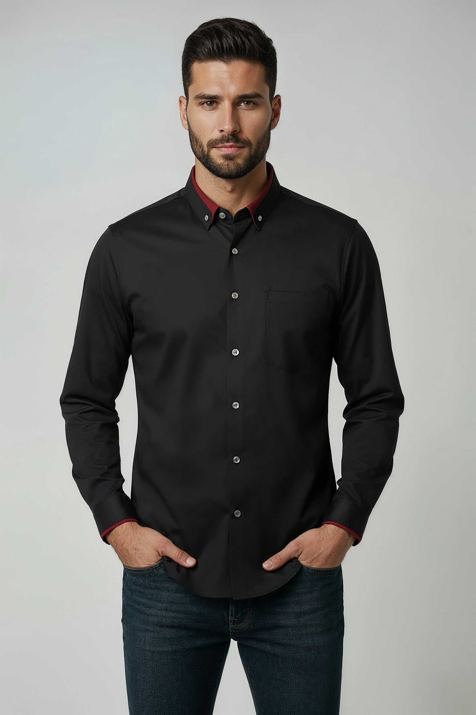 Overhemd Heren | Slim Fit Stretch met Kraag - Zwart