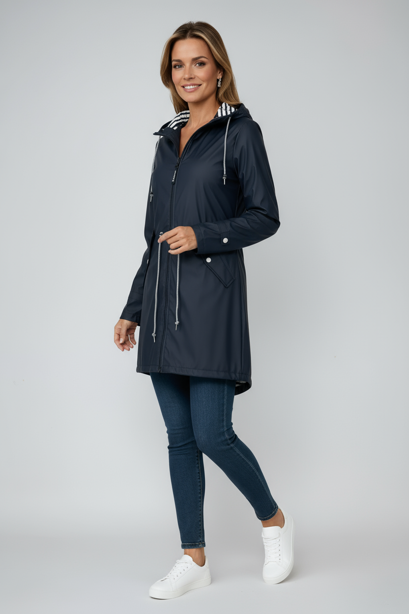 Regenjas Dames | Lang Winddicht Model met Capuchon - Marineblauw