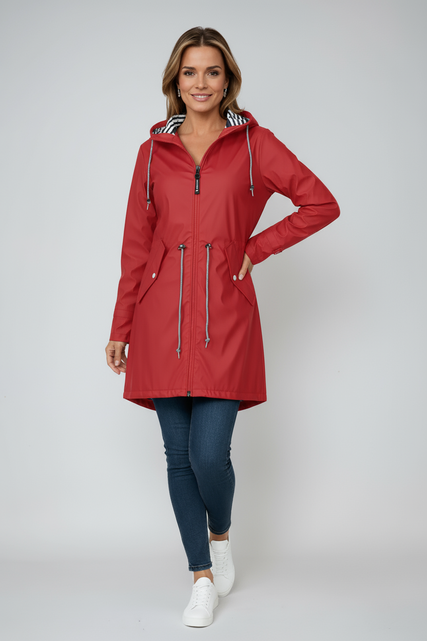 Regenjas Dames | Lang Winddicht Model met Capuchon - Rood