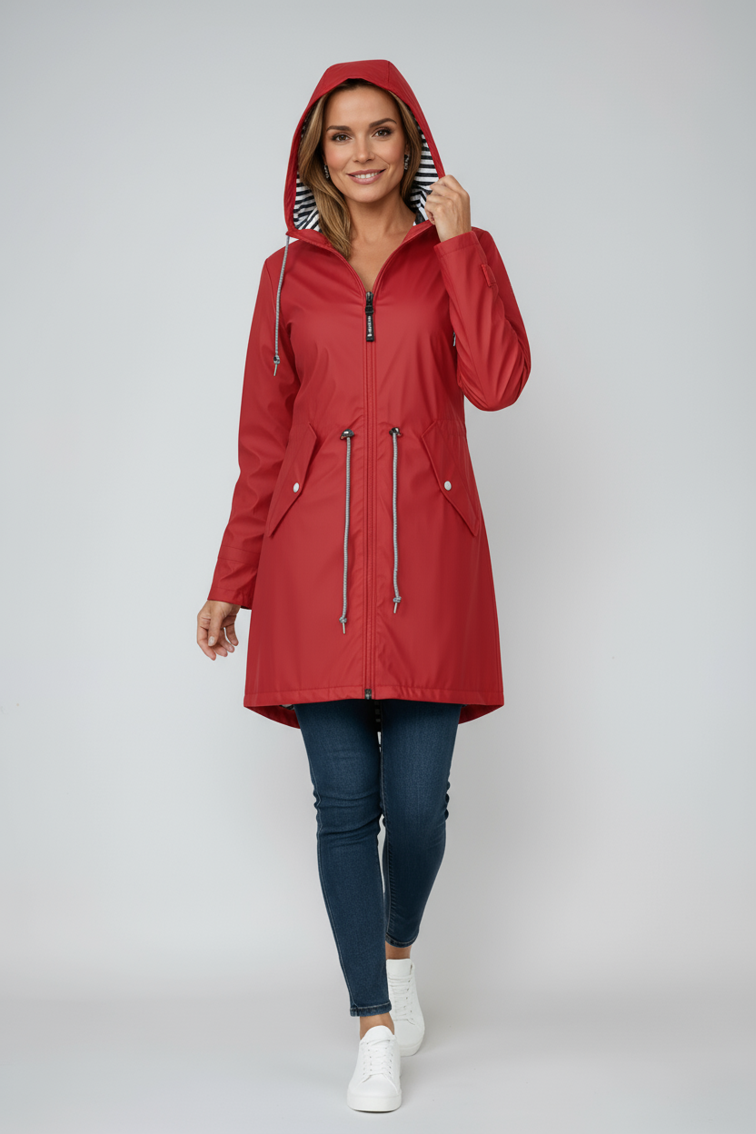 Regenjas Dames | Lang Winddicht Model met Capuchon - Rood 2.0