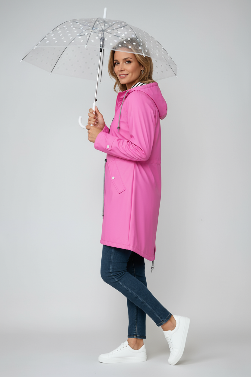 Regenjas Dames | Lang Winddicht Model met Capuchon - Roze