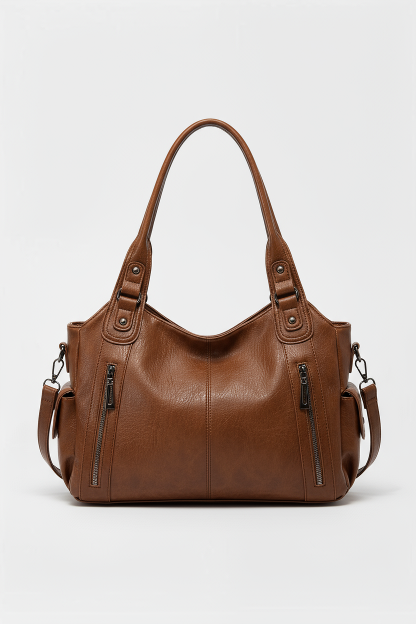 Schoudertas Dames | Ruim Model met Vakken in Leerlook - Lichtbruin