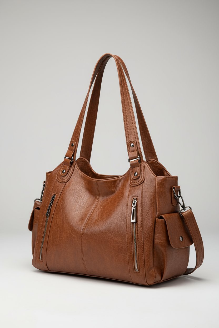 Schoudertas Dames | Ruim Model met Vakken in Leerlook - Lichtbruin 2.0