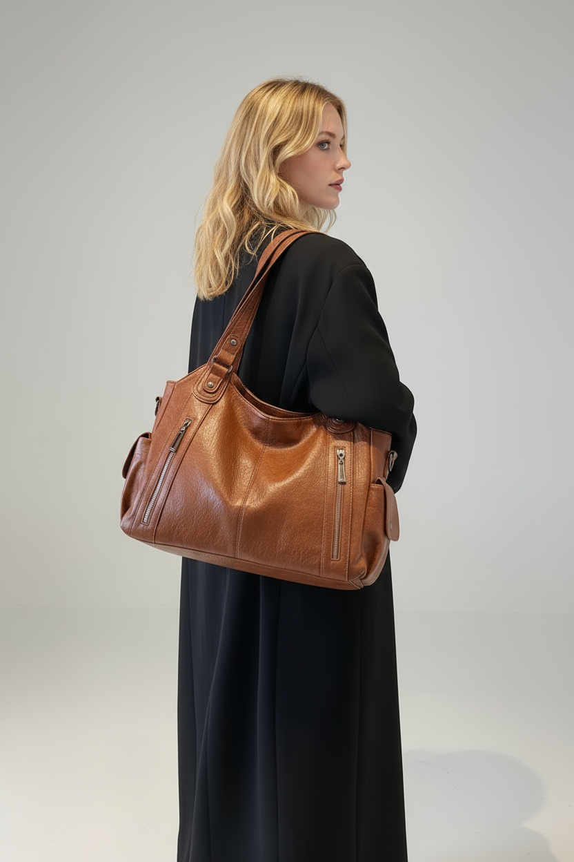 Schoudertas Dames | Ruim Model met Vakken in Leerlook - Lichtbruin 3.0