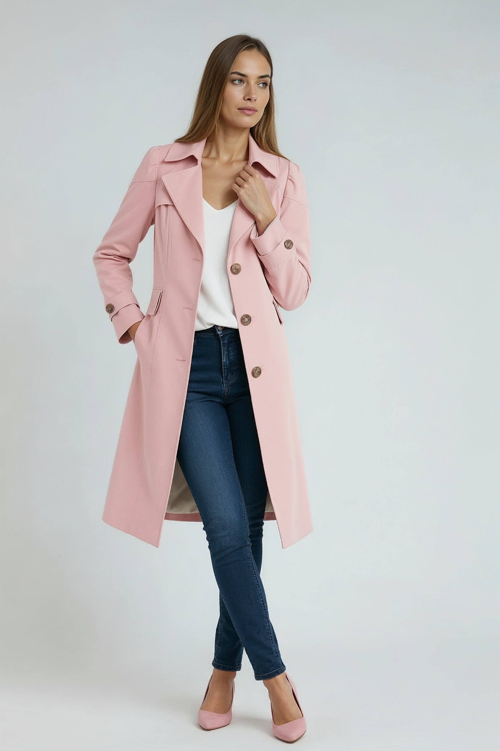 Trenchcoat Dames | Lang Model met Knopen - Roze 2.0
