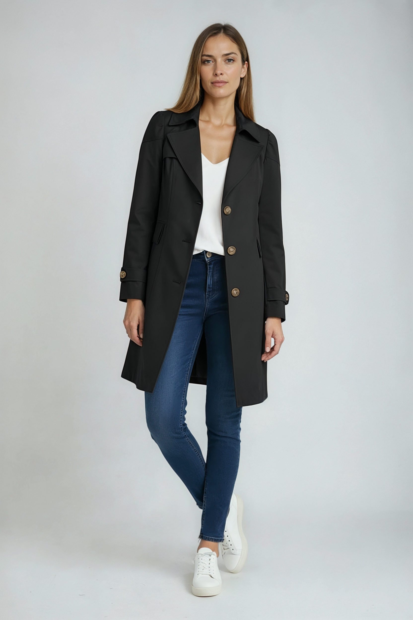 Trenchcoat Dames | Lang Model met Knopen - Zwart 3.0