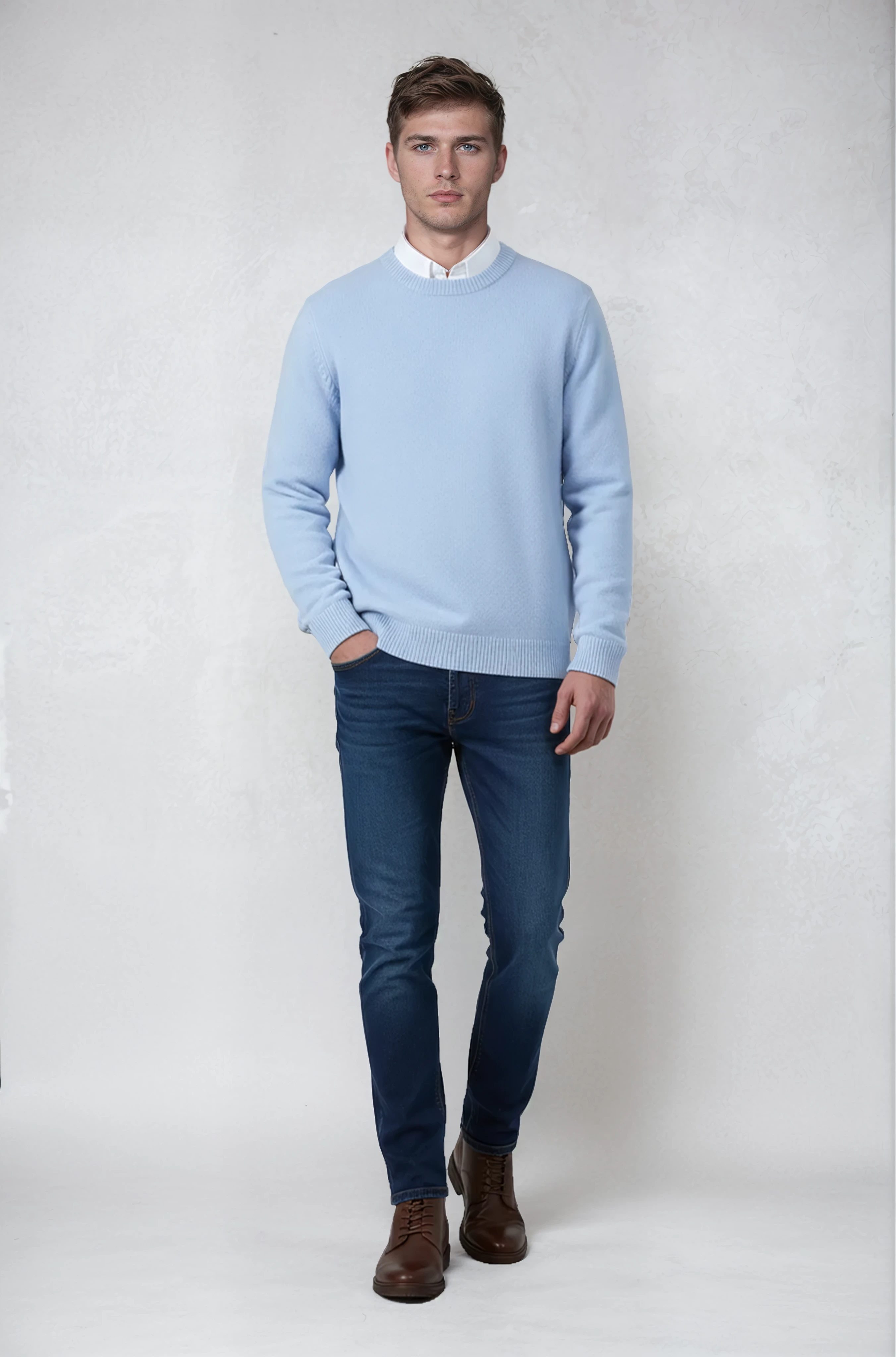 Heren Trui | Fijngebreid Basic Model - Lichtblauw