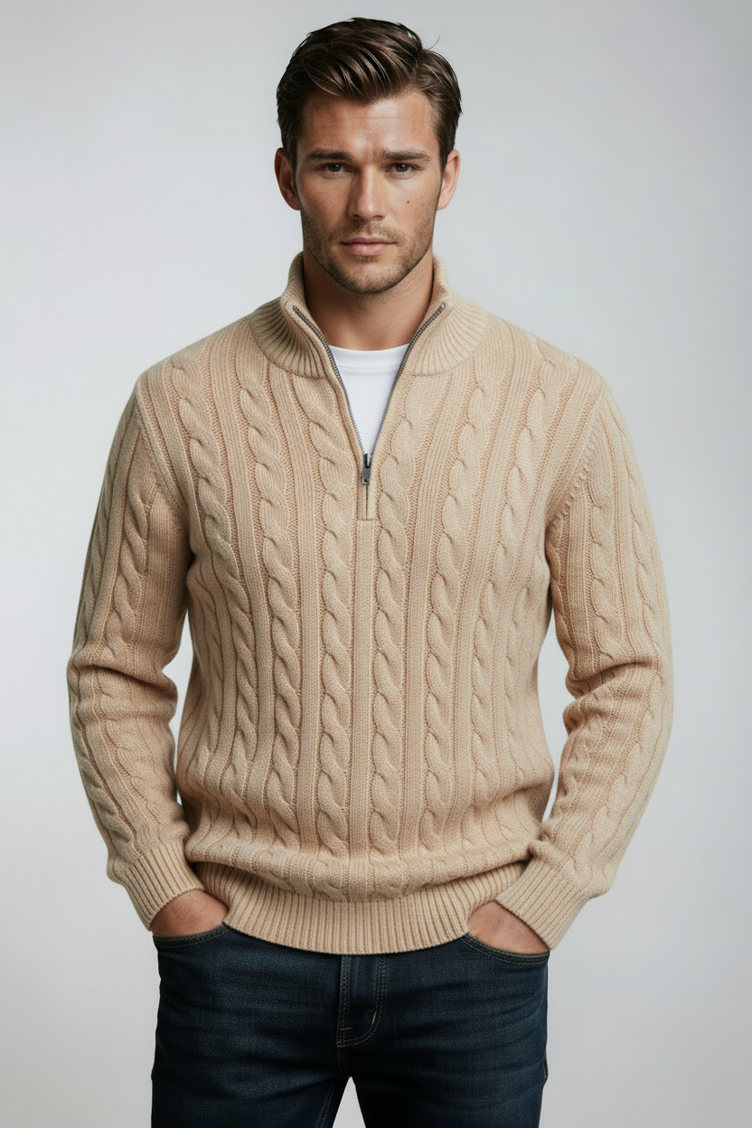 Heren Trui | Gebreid met Halve Rits - Beige