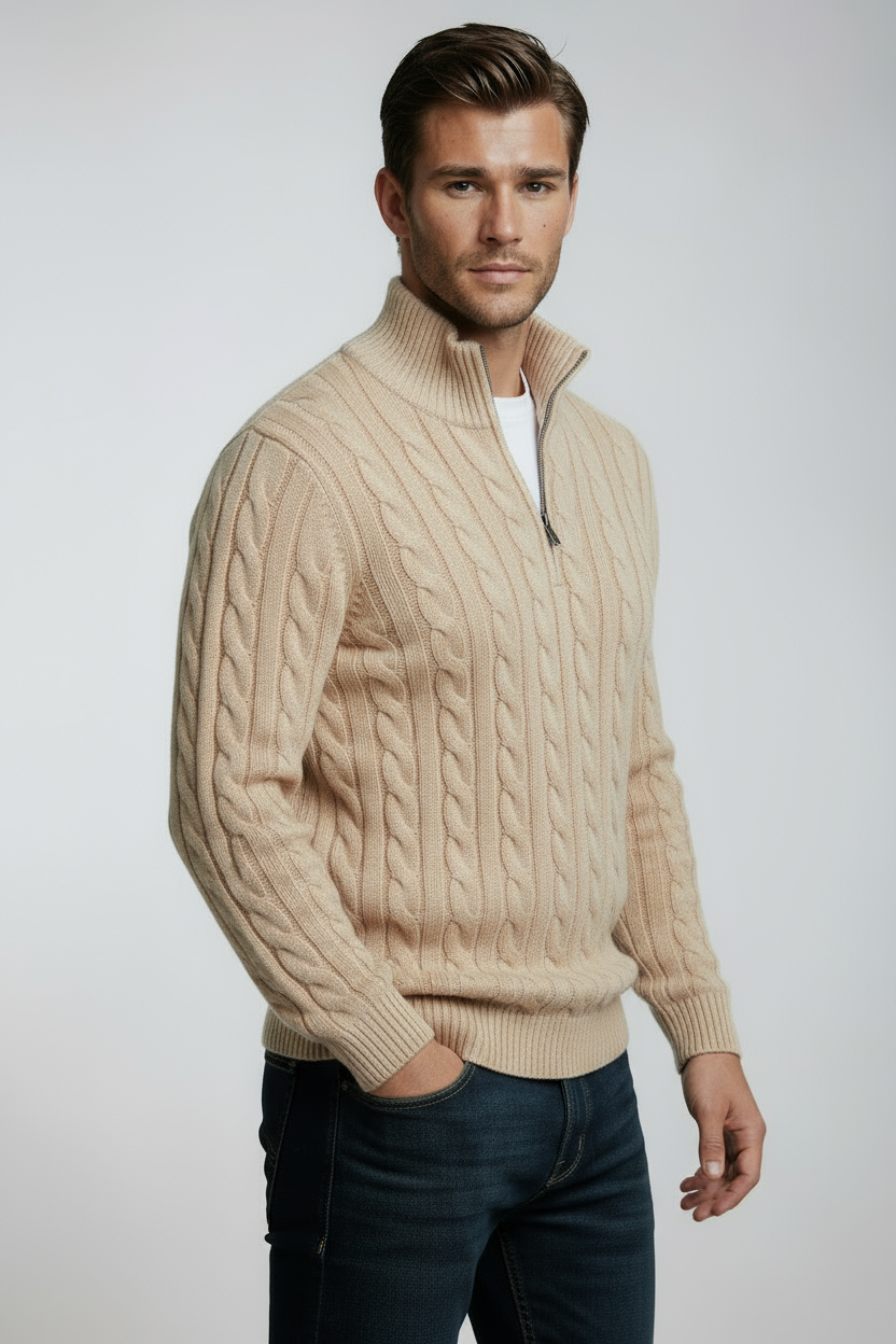 Heren Trui | Gebreid met Halve Rits - Beige 2.0