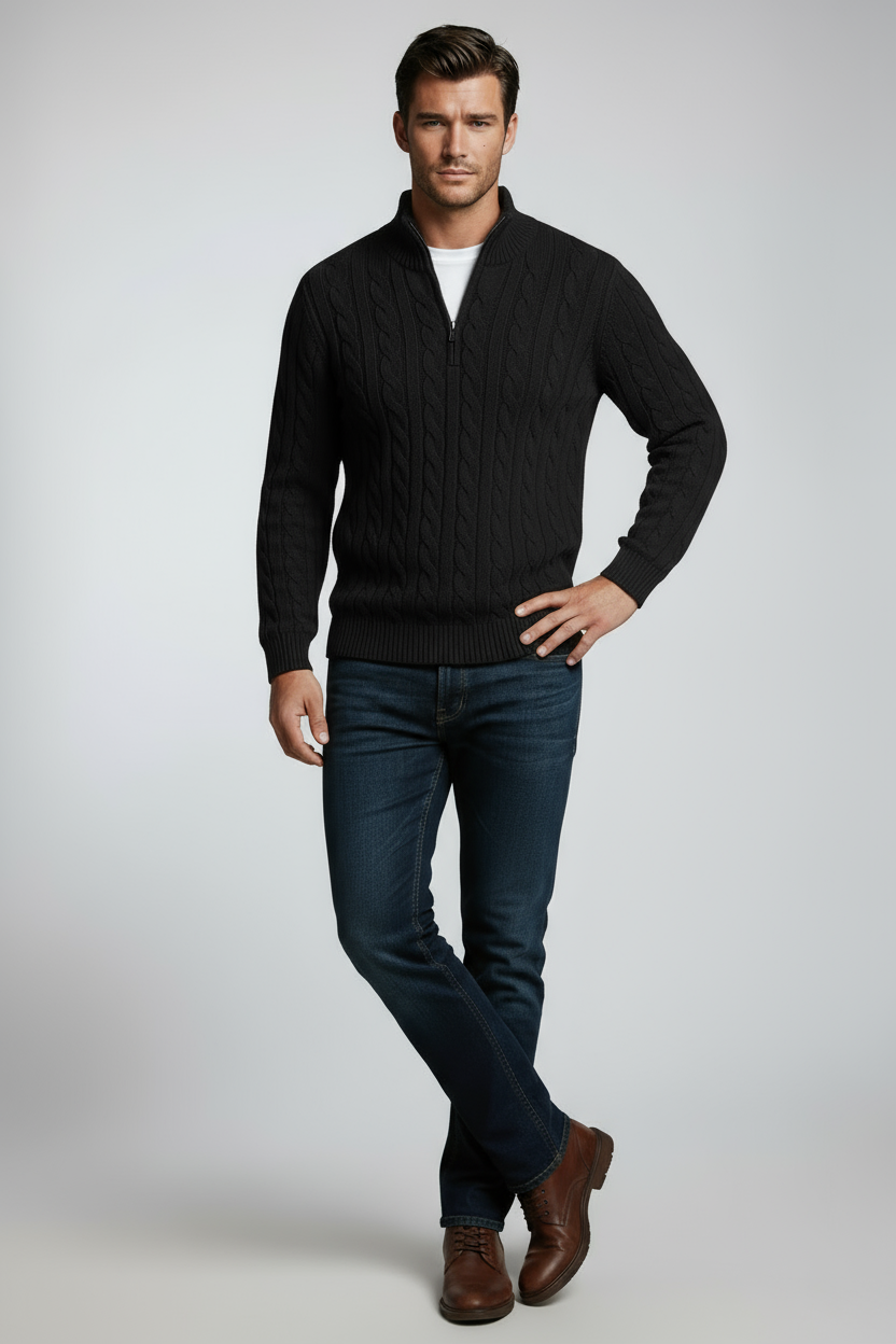 Heren Trui | Gebreid met Halve Rits - Zwart 2.0