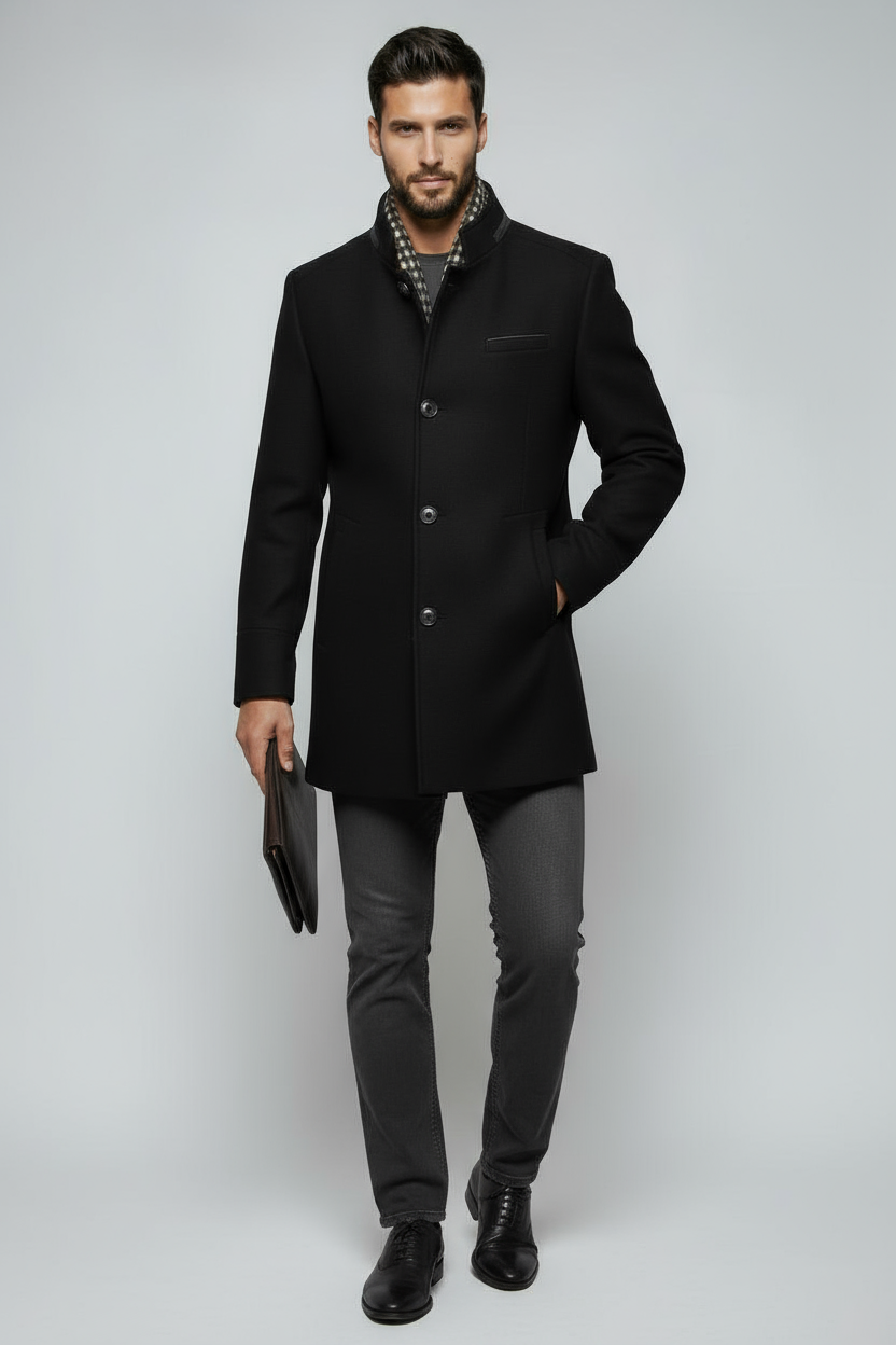 Mantel Heren | Halflang Model met Kraag - Zwart 2.0