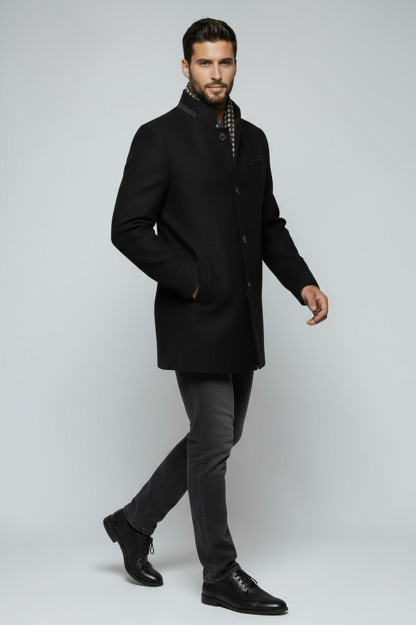 Mantel Heren | Halflang Model met Kraag - Zwart 3.0