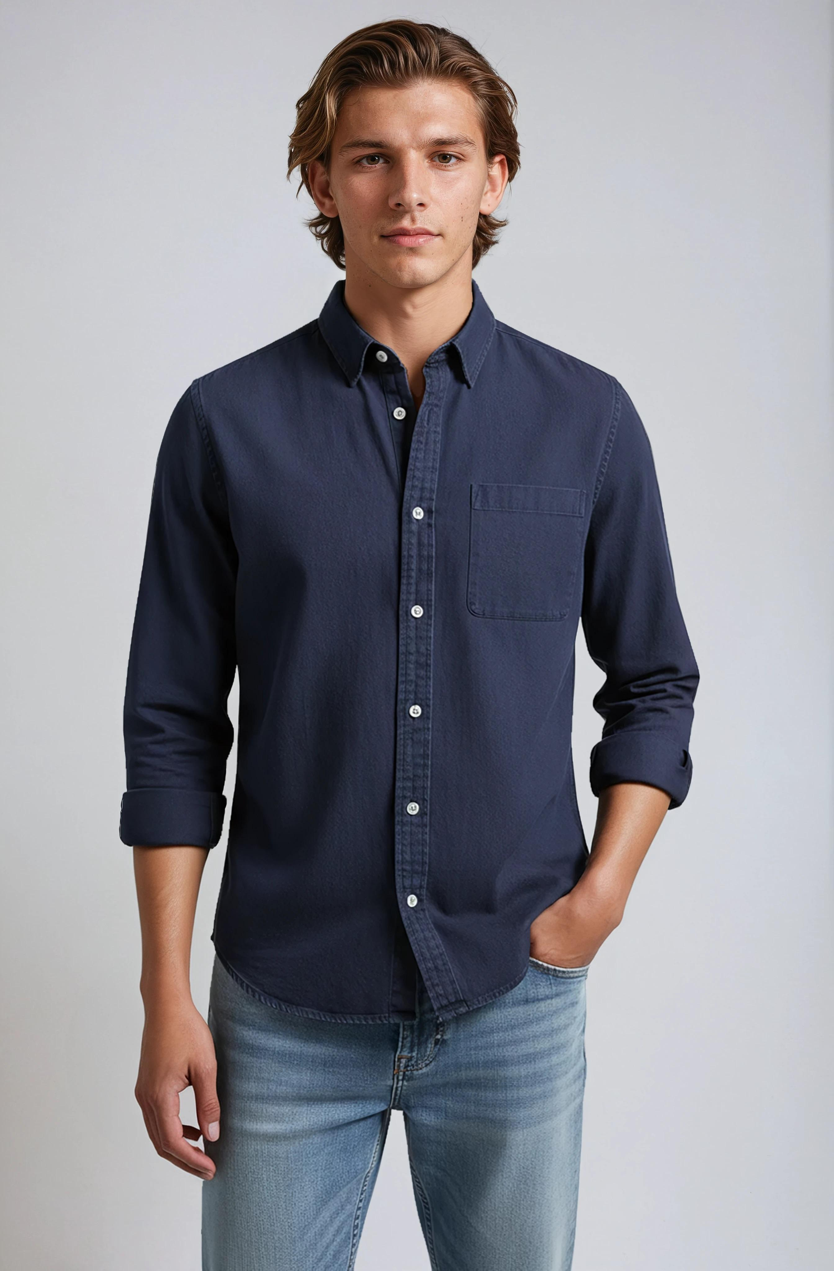 Overhemd Heren | Lange Mouw met Borstzak - Marineblauw