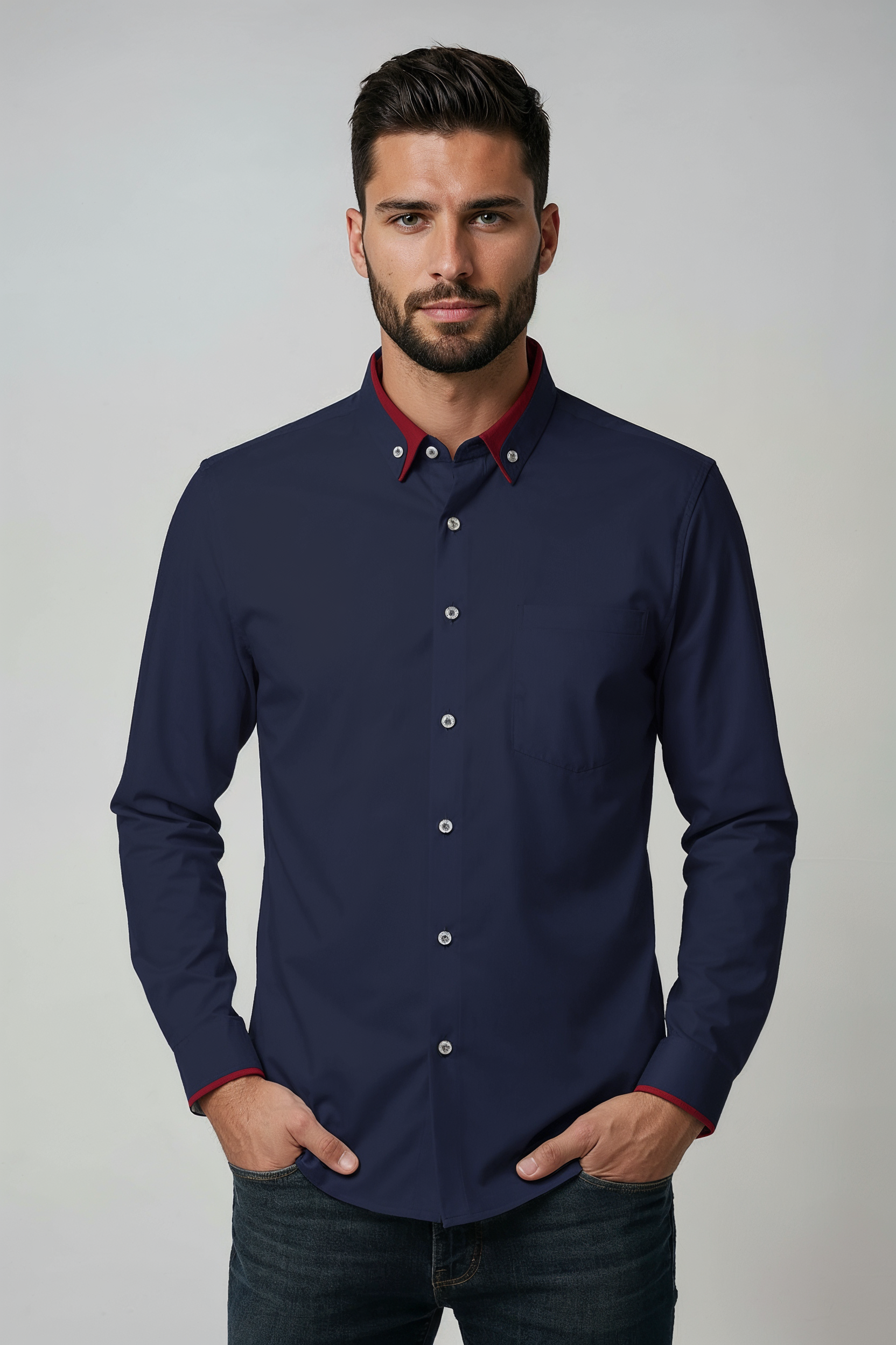 Overhemd Heren | Slim Fit Stretch met Kraag - Donkerblauw
