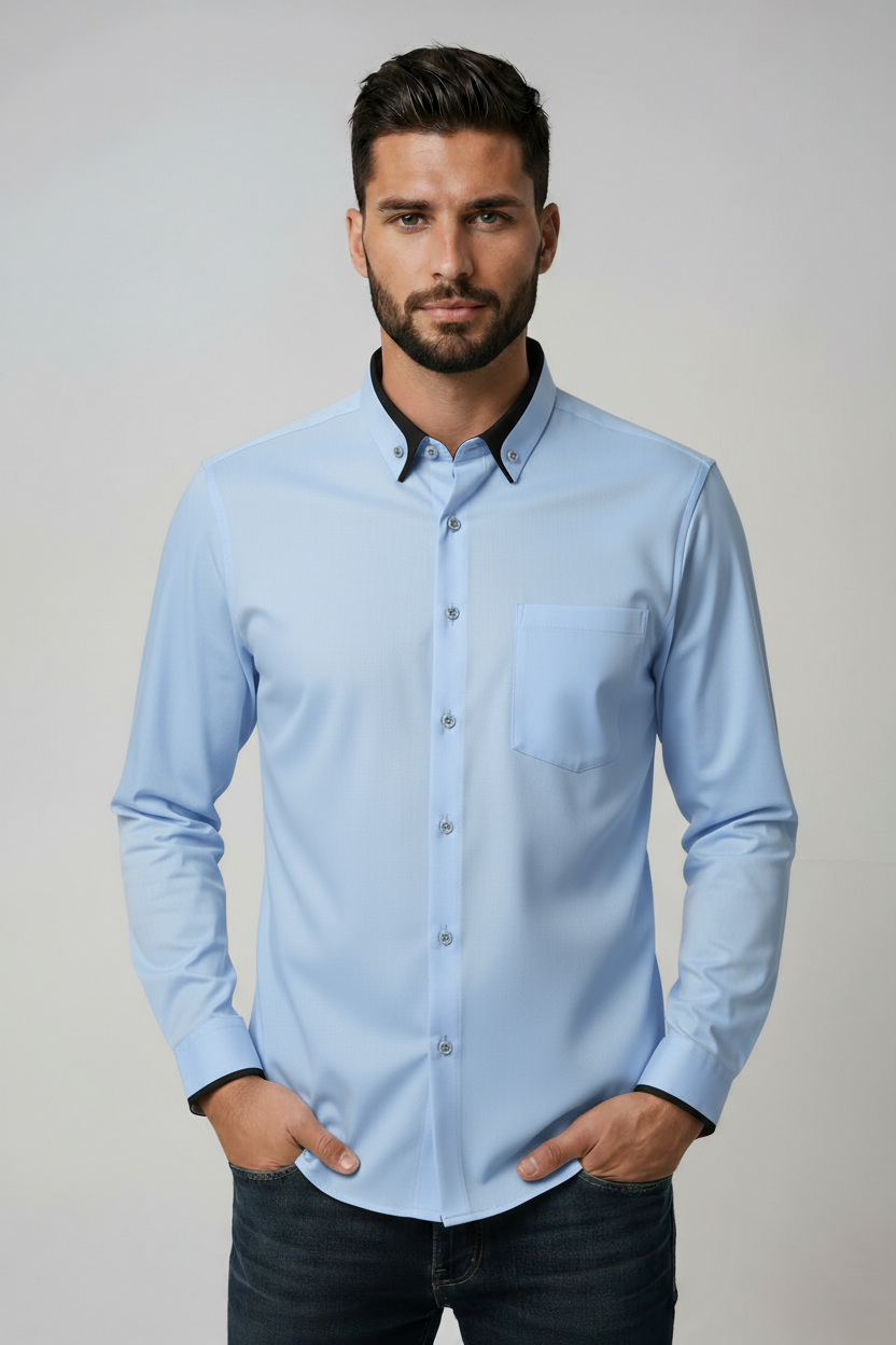 Overhemd Heren | Slim Fit Stretch met Kraag - Lichtblauw