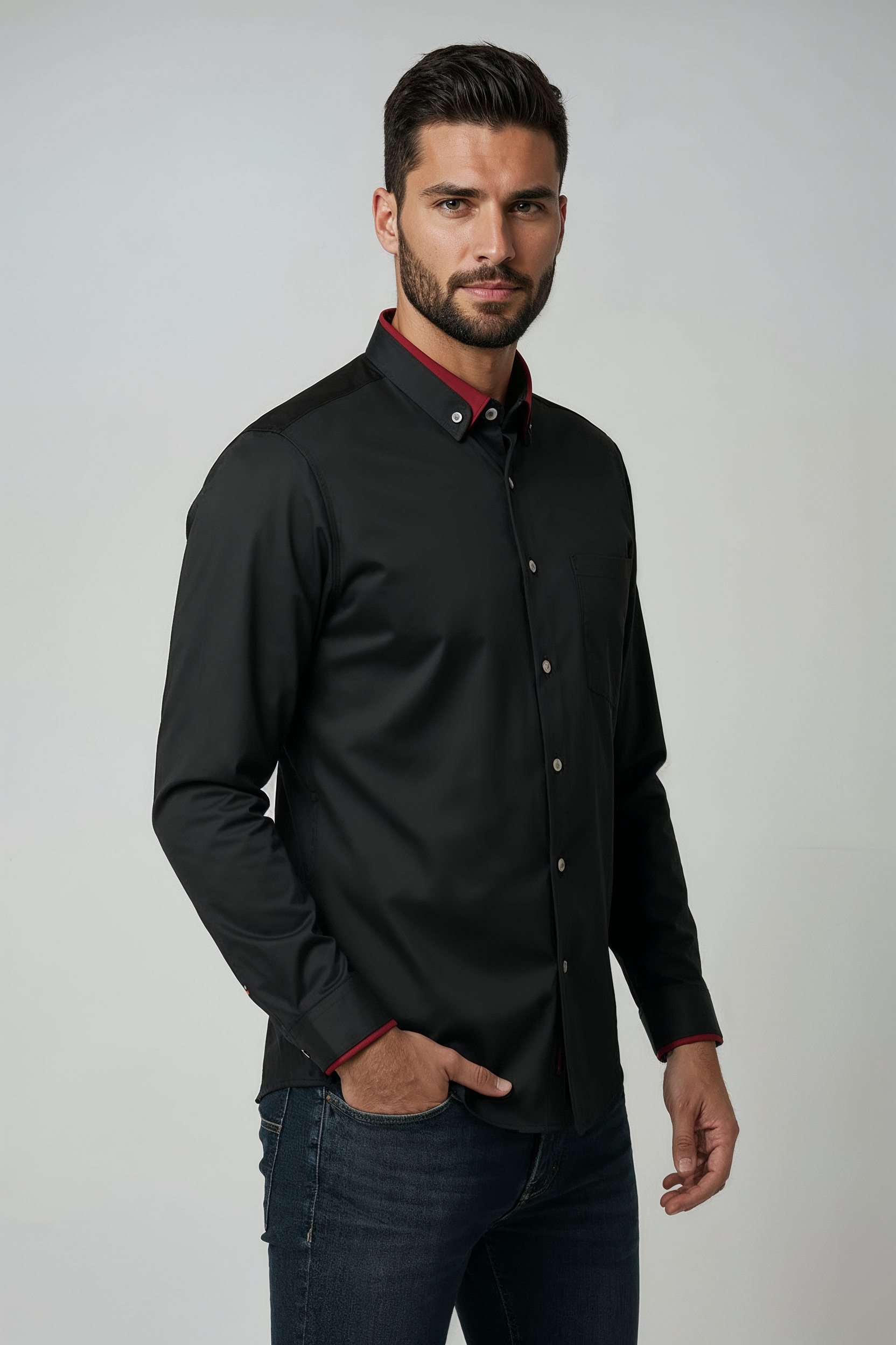 Overhemd Heren | Slim Fit Stretch met Kraag - Zwart 2.0