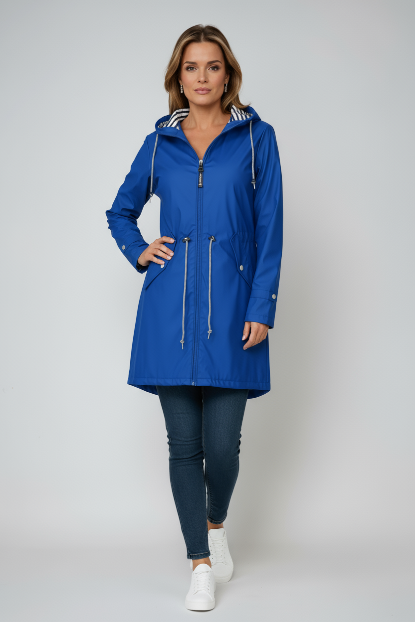 Regenjas Dames | Lang Winddicht Model met Capuchon - Blauw 2.0