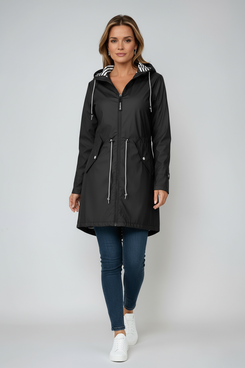 Regenjas Dames | Lang Winddicht Model met Capuchon - Zwart 3.0