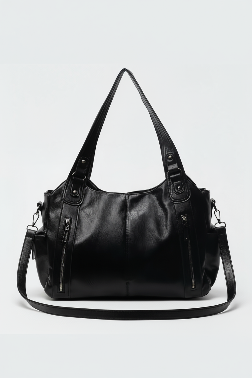 Schoudertas Dames | Ruim Model met Vakken in Leerlook - Zwart