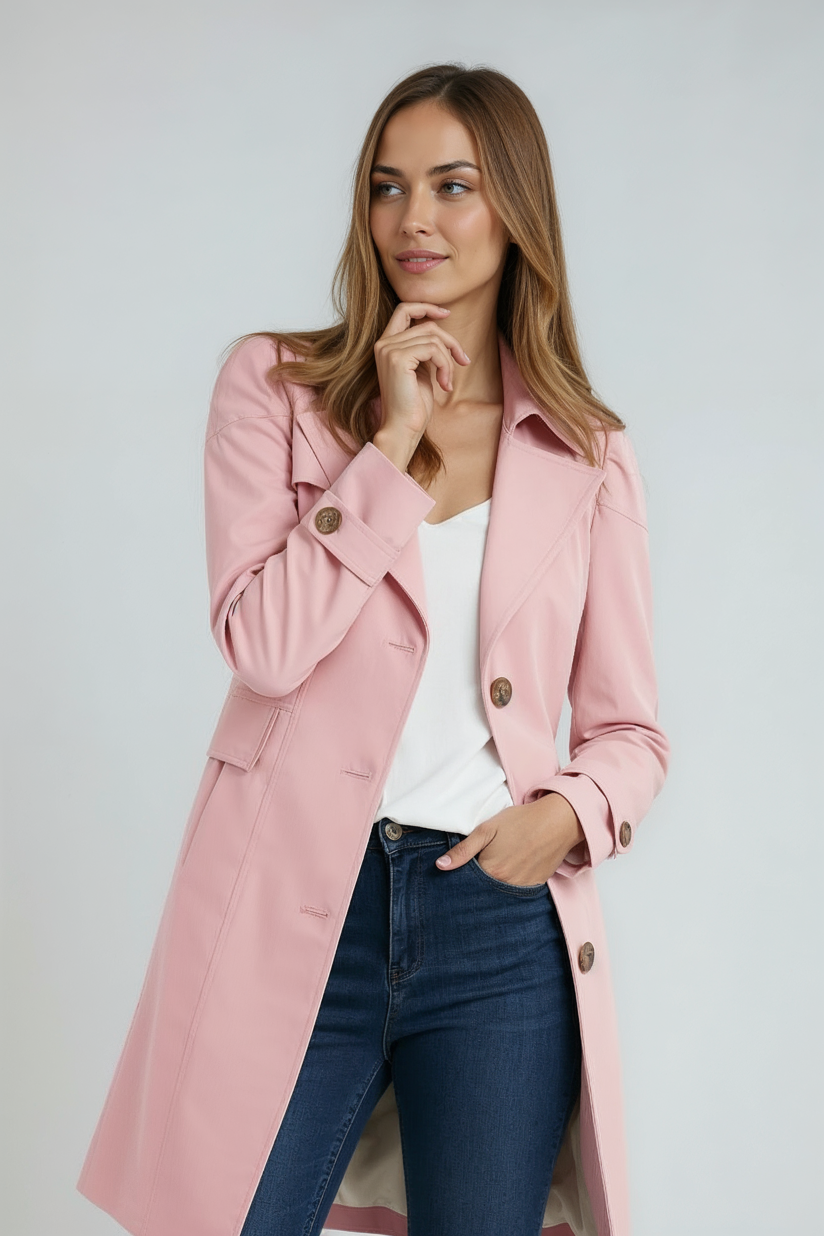 Trenchcoat Dames | Lang Model met Knopen - Roze 3.0