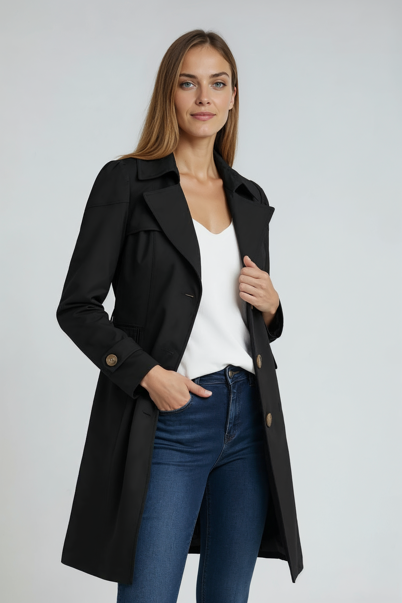 Trenchcoat Dames | Lang Model met Knopen - Zwart 2.0